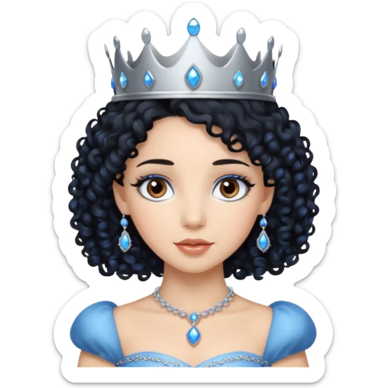 Por favor hazme el emoji de la princesa pero con el pelo negro y rizado, los ojos marrones y la corona plateada con jollas azules sticker
