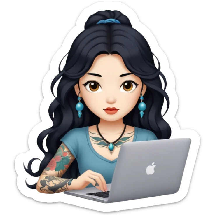 beautiful girl, with tattoos, with long black hair, wavy hair, chinese, with laptop sticker
