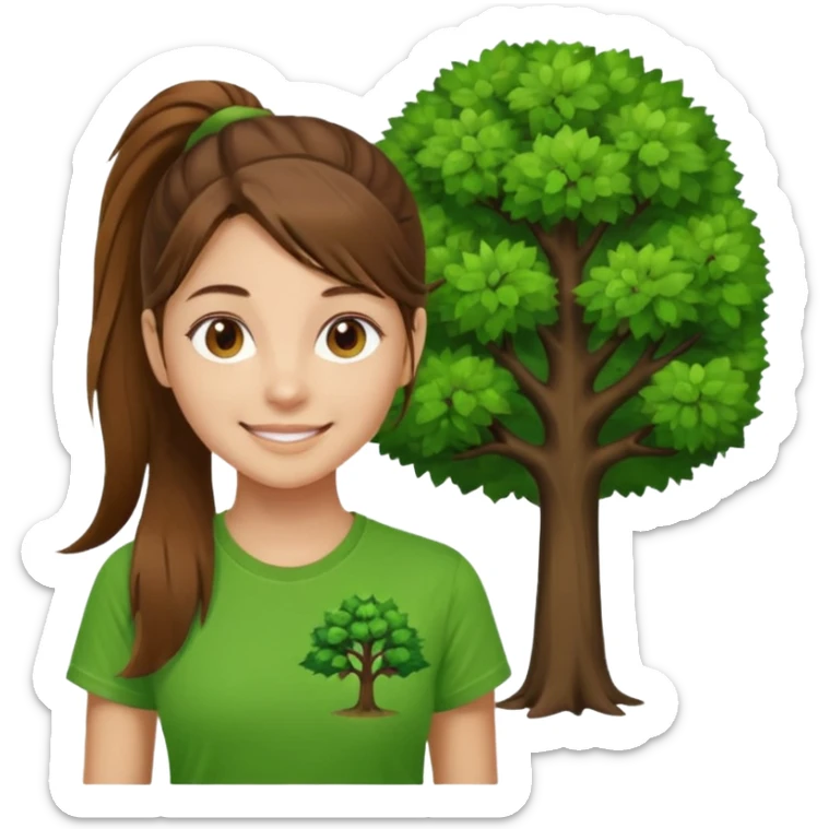 Make a zumba coach emoji, brown eyes, brown hair girl, long ponytail,green t shirt with a tree logo on It sticker