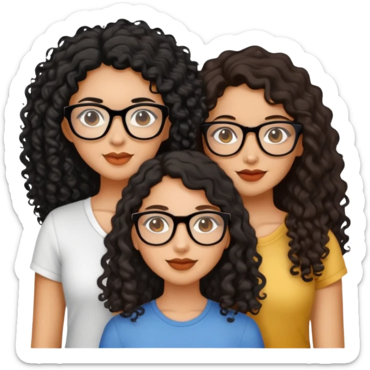 3 female friends, tan black curly hair glasses, the other ones brunette long hair and light skin sticker