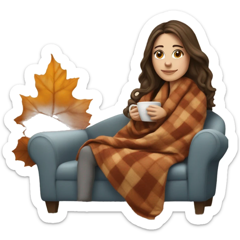 Brunette white girl covered in blanket autumn vibe sitting on a cozy chair holding coffee sticker