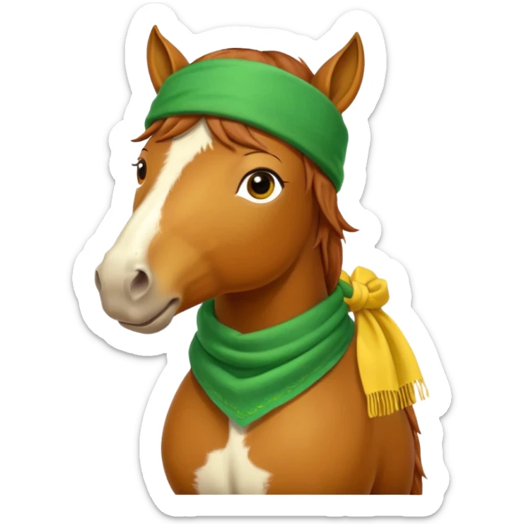 a fabulous funny winter horse in a green bandana hat with a yellow scarf sticker