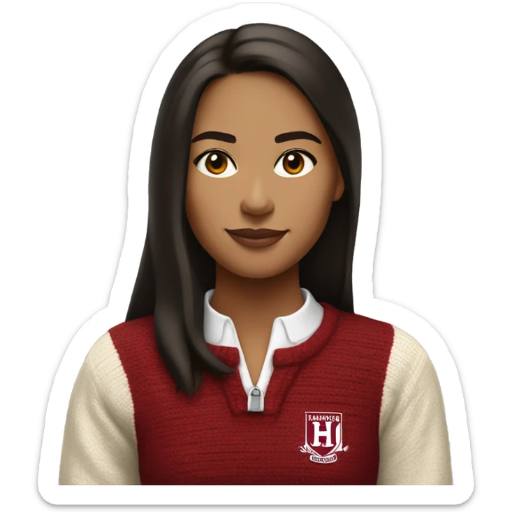 Girl with dark brown hair and tan white skin wearing a crimson and white sweater with the black crimson and white Harvard University logo on it  sticker