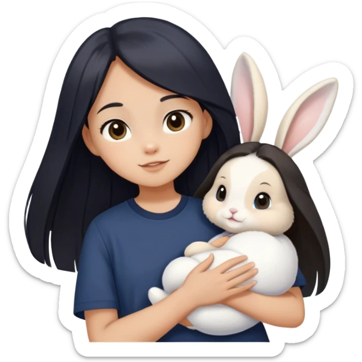 smiling with mouth closed, a young teenage girl with light tan skin, long black really-straight hair, brown eyes, navy colored oversized short-sleeved shirt and holding one white baby bunny wearing  sticker
