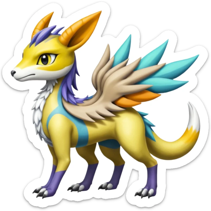 Colorful Meloetta-Bolthund-Renamon-Wargreymon-Sergal-Pokémon-Digimon-Fakémon-fusion-hybrid-creature sticker