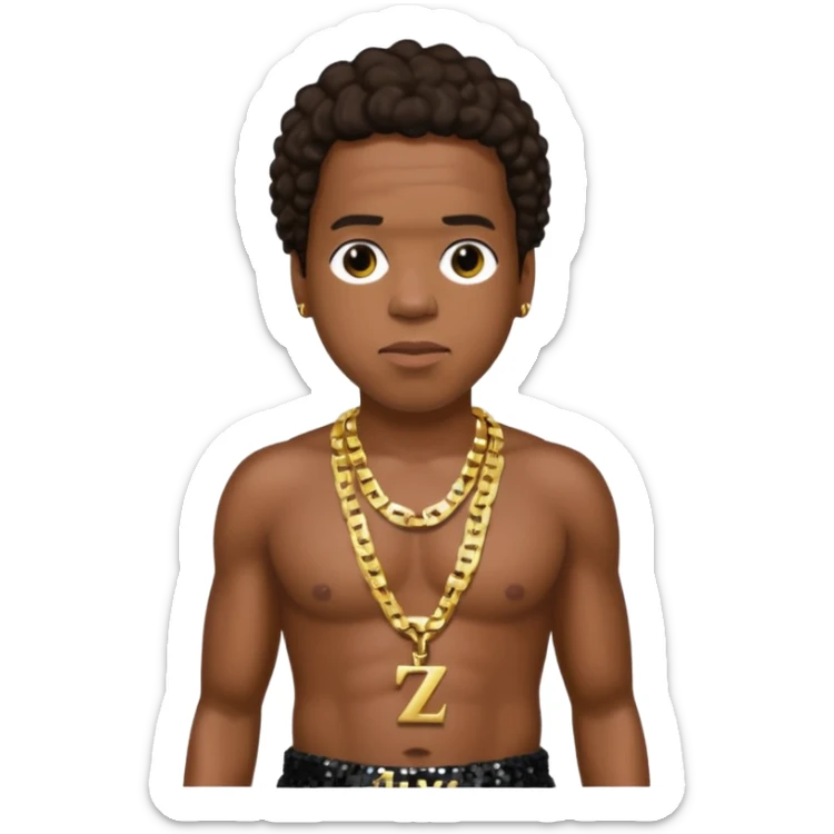 Jay-Z with dark brown hair, black sequin baggy pants, shirtless with necklace sticker