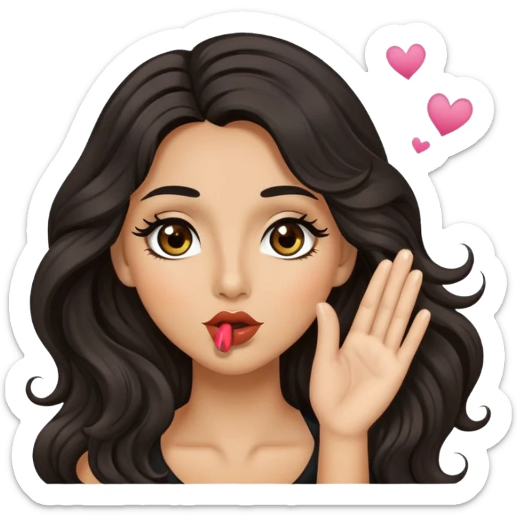 woman with olive skin, brown eyes and long lashes, and long black wavy hair blowing a kiss sticker