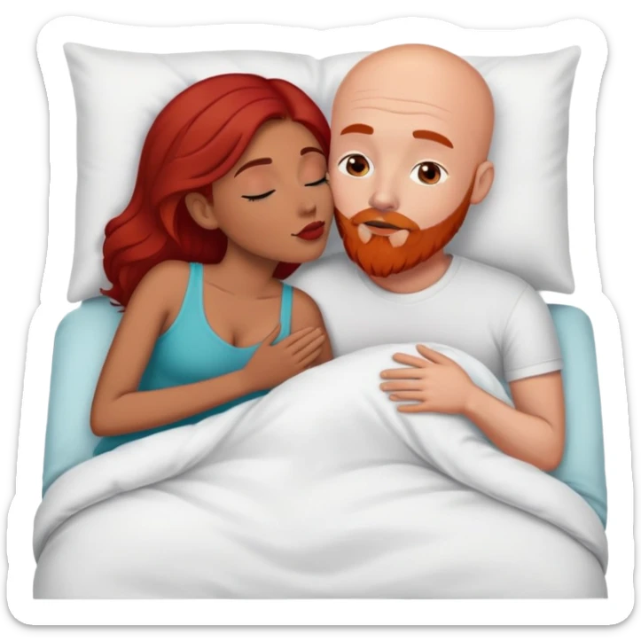 White Bald man with red beard; Hispanic woman with dark brown hair kissing in bed sticker