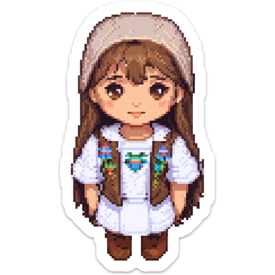 happy girl with medium straight brown hair, light skin tone, pixel art style sticker