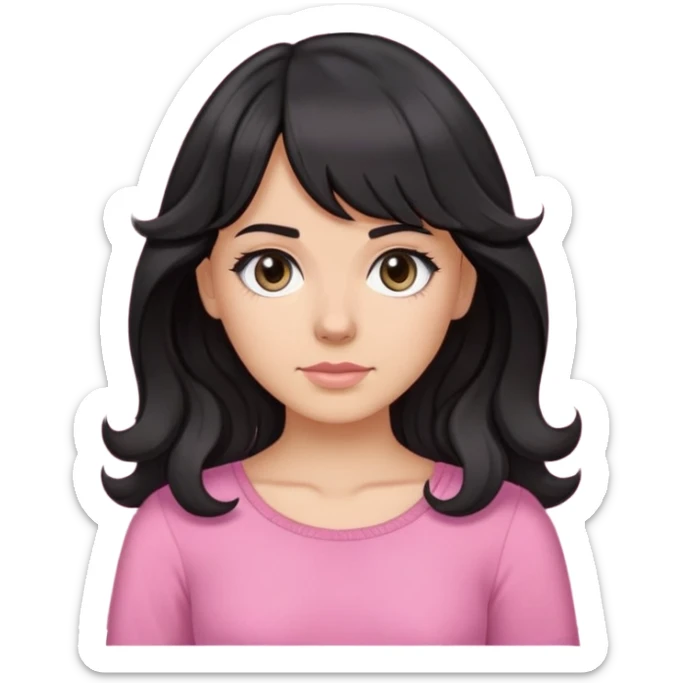 White girl with chest length black wavy hair with curtain bangs, gray eyes, wearing a pink top sticker