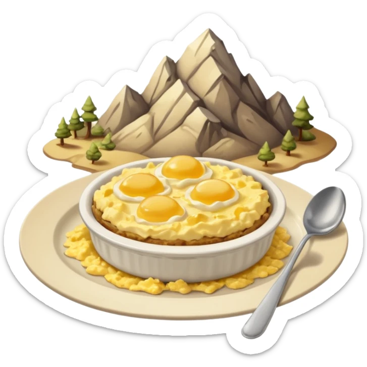 a deep dish plate with a yellowish food in it,  in a bit of small small lumps and very dry, small mountain. with a bit of applesauce on top on the side and a spoon sticking out sticker