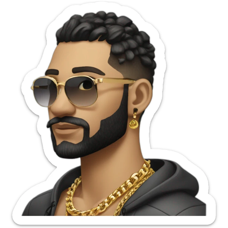Russian strong thug wearing gold chain with black hair and short beard, mid-fade hairstyle, wearing designer fendi sticker