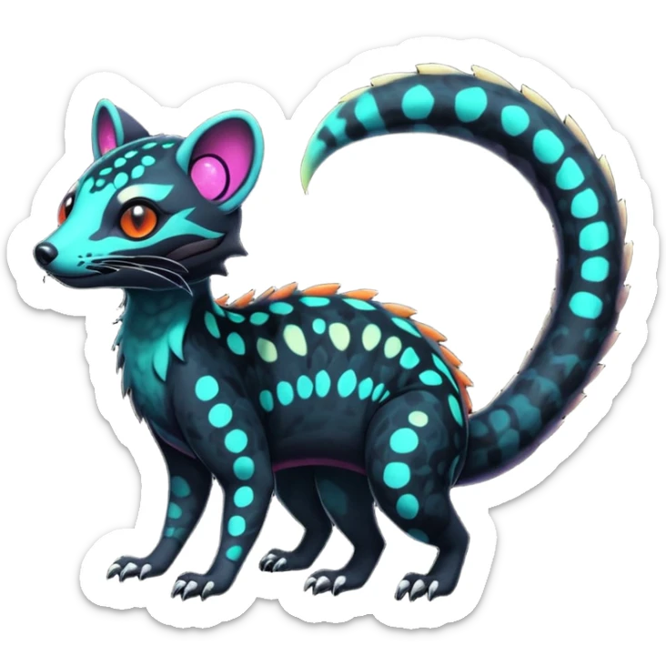 Rare warm-colored exotic edgy epic aesthetic spooky dark modern colorful cyber-Genet-Trico-Salandit-Civet-species-Fakemon-hybrid-creature, with beautiful intricate markings, full body sticker