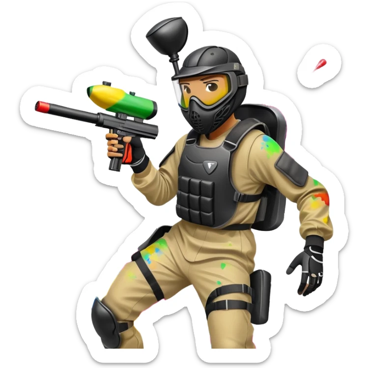 A dynamic scene of a player in action, holding a paintball gun and wearing protective gear. The background shows a vibrant paintball field with obstacles, colorful splatters of paint in the air, and an intense, competitive atmosphere. sticker