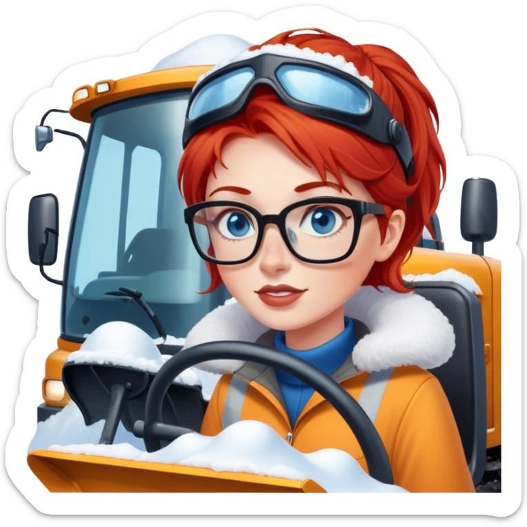lady with red hair, blue eyes and glasses driving a big Snowplow sticker