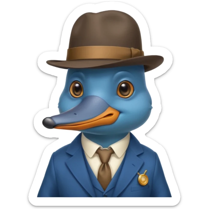 cute blue platypus with a detective hat and monocle on his eye, no  hands, looks like a platypus but blue, the hat and suit are anything but blue sticker