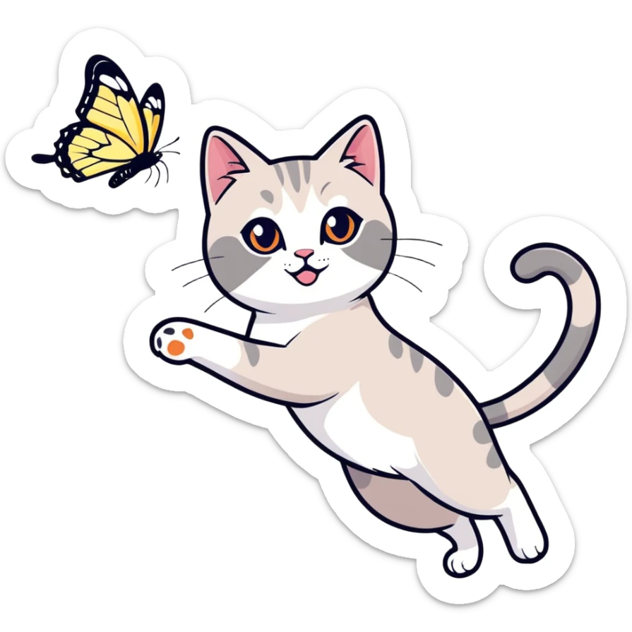 A gray-eyed Thai cat catches a colorful butterfly in mid-air. sticker