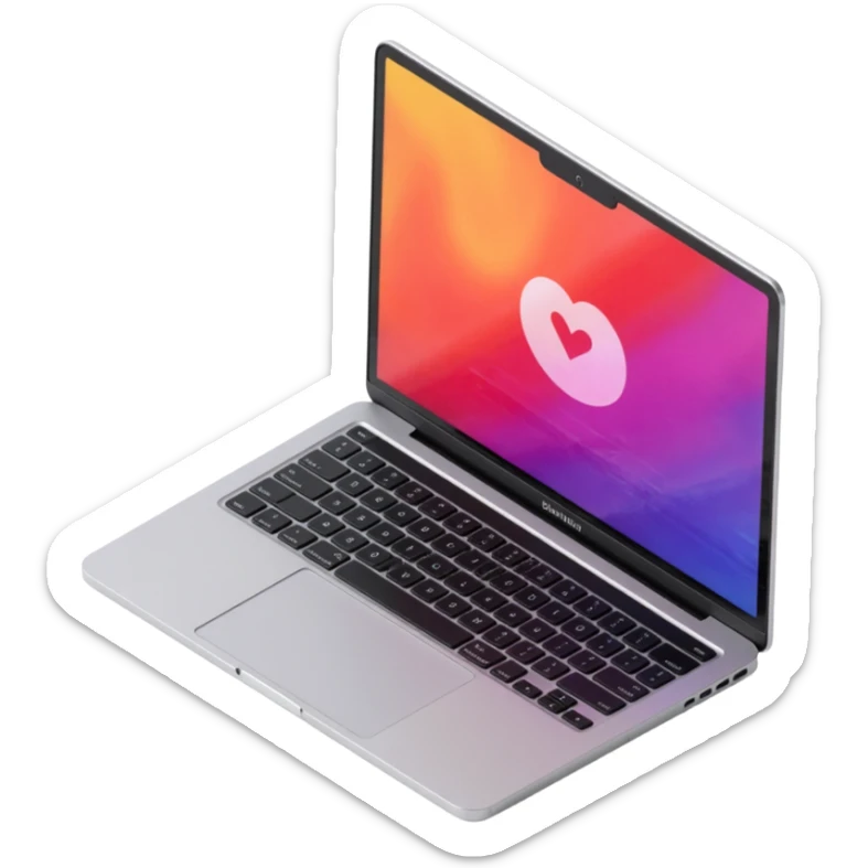 realistic MacBook laptop, open, displaying a colorful screen, skeuomorphism style sticker