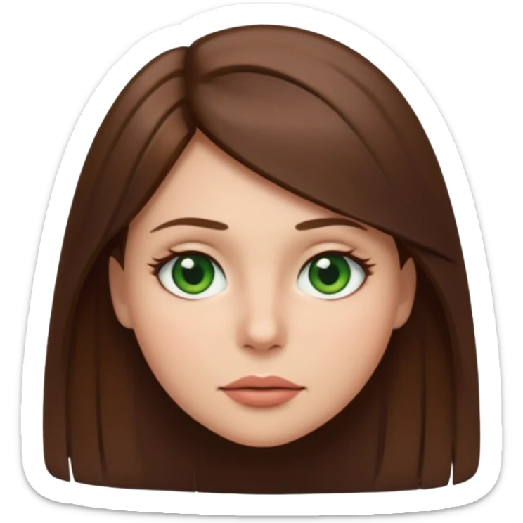 Female face emoji. Straight medium-length brown hair, fair skin, green eyes, neutral expression, closed lips, minimal makeup sticker