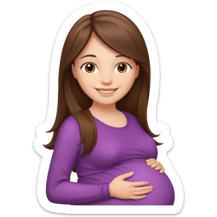 A pregnant woman with long straight brown hair and fair skin  smiling sticker