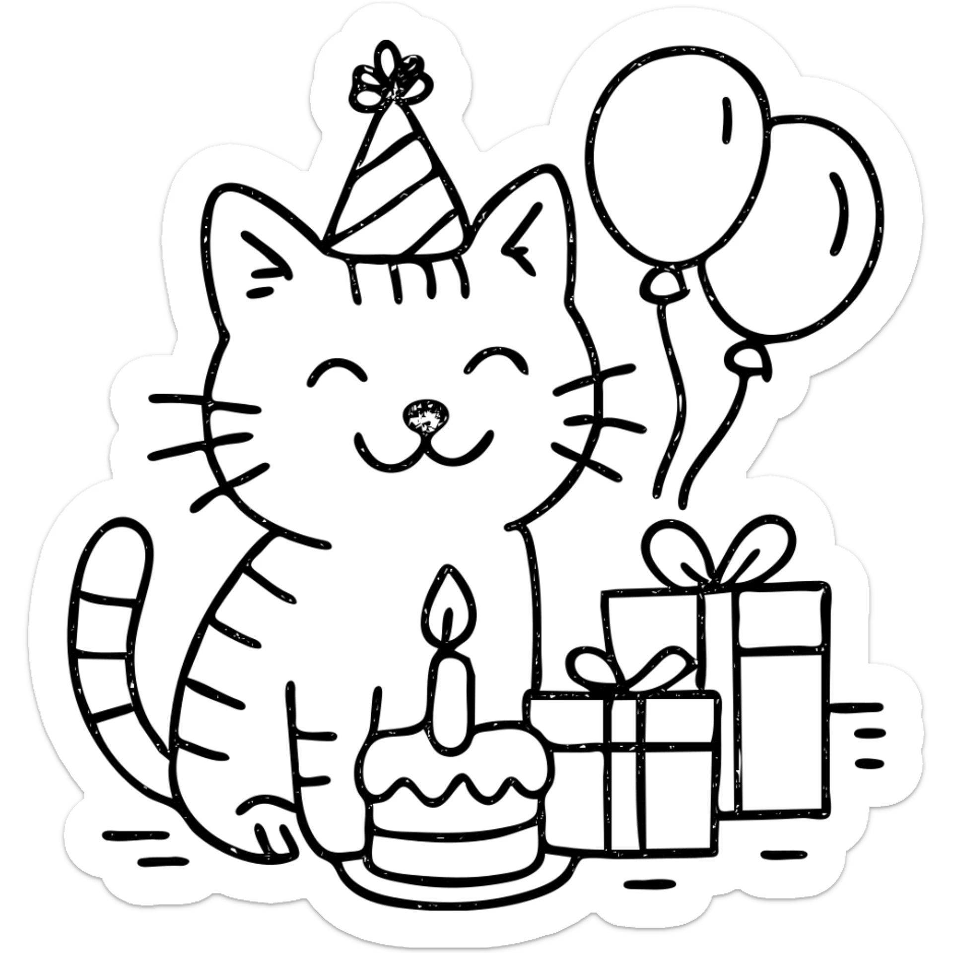 outlined icon of a ginger tabby kitten celebrating birthday, wearing a birthday hat, with birthday cake, balloons, happy expression, and gifts sticker