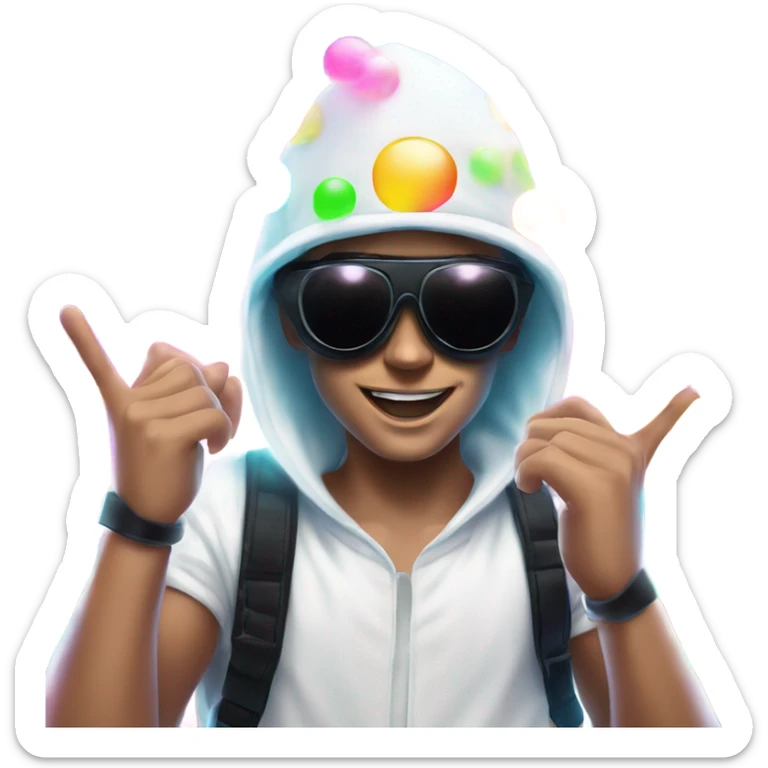 Caucasian boy at rave wearing a black mask and sunglasses a white glowing outfit and glowing hat with bubble guns in each hand with bubbles all around sticker