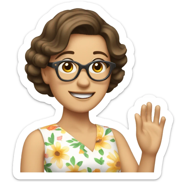 brunette white lady in flowery dress wearing glasses and waving  sticker