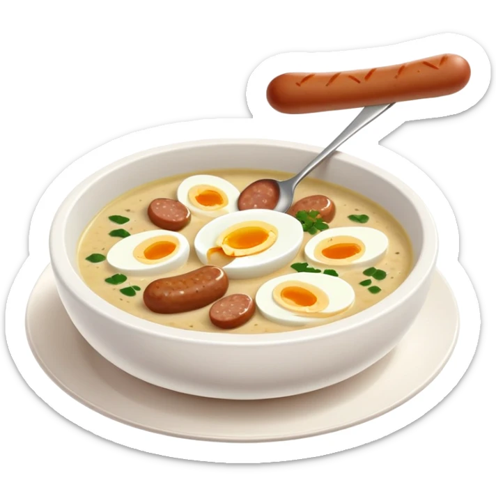 cinematic-realistic zurek-soup-dish-emoji,-depicted-as-a-tangy,-creamy-rye-soup-with-sausage-and-1 boiled egg-rendered-with-detailed-textures-and-warm,-comforting-lighting. sticker
