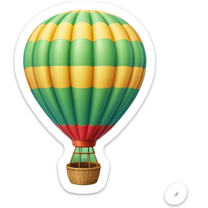 A colorful hot air balloon floating gracefully above the ground, with a clear sky and distant hills in the background. The balloon's vibrant colors stand out against the soft clouds, capturing the peaceful yet adventurous spirit of hot air ballooning. sticker
