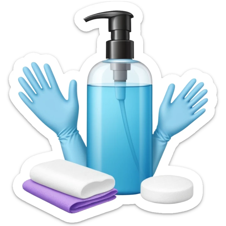 big (1L) bottle of shampoo, disposable gloves and cotton pads (for makeup) are standing on a table sticker