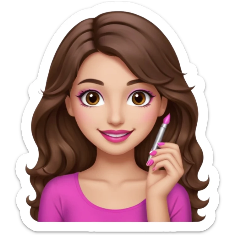girl with long wavy brown hair, brown eyes, long lashes makeup, sexy pink lips, light to medium complexion, pink sexy top, smiling, hand by the cheek sticker