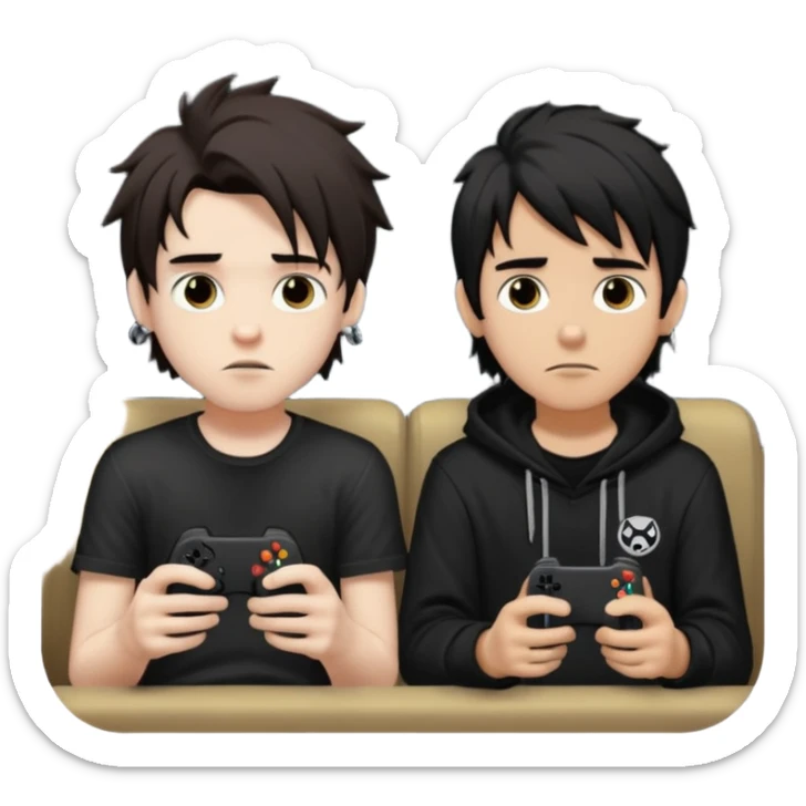pale Goth boy with a bunch of face piercings, with shaggy dark brown hair, next to a tan skin gamer boy with long black hair , they are watching a movie together  sticker