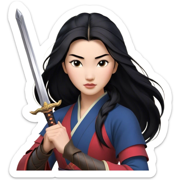 Cinematic Realistic Mulan Portrait, depicted with lifelike skin texture, soft natural lighting, and intricately detailed long black hair styled elegantly. Her deep, expressive eyes exude determination and grace, complemented by a serene yet confident expression. She stands with one hand resting on the hilt of her sword, the other by her side, exuding strength and poise. She is dressed in her classic attire, with rich fabric textures and delicate folds that catch the light beautifully. The portrait features a soft, enchanting glow with a natural, radiant finish, capturing the essence of timeless strength and beauty in a realistic and painterly style, evoking a sense of depth and authenticity. sticker