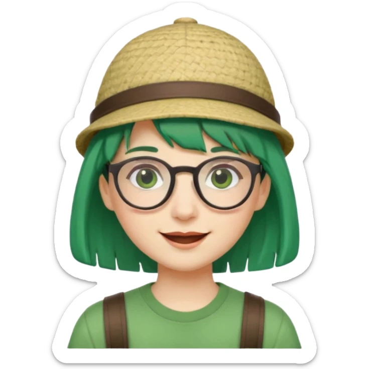 bangs, cute tourist hat, green hair very happy and glassess sticker