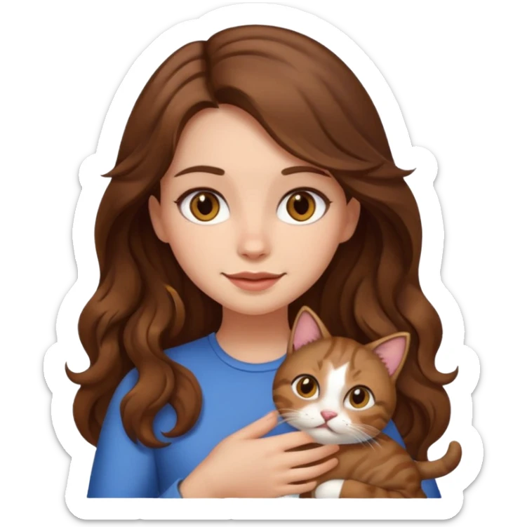 a girl with long wavy brown hair and brown eyes holding a cat, emoji style sticker