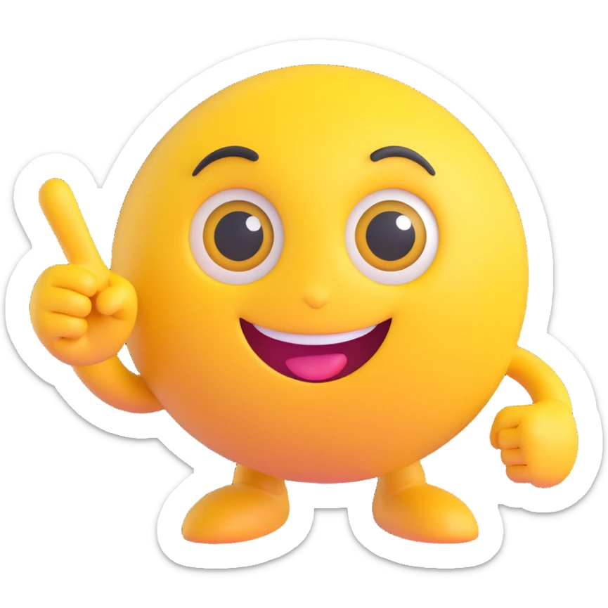 A yellow round emoji character with big eyes and a confident smile, clearly pointing both index fingers at itself. Strong “ME!” expression. Bold cartoon style, isolated on white sticker