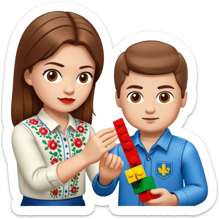 a Ukrainian girl with brown hair in an embroidered shirt and a Ukrainian boy in an embroidered shirt and Lego bricks sticker
