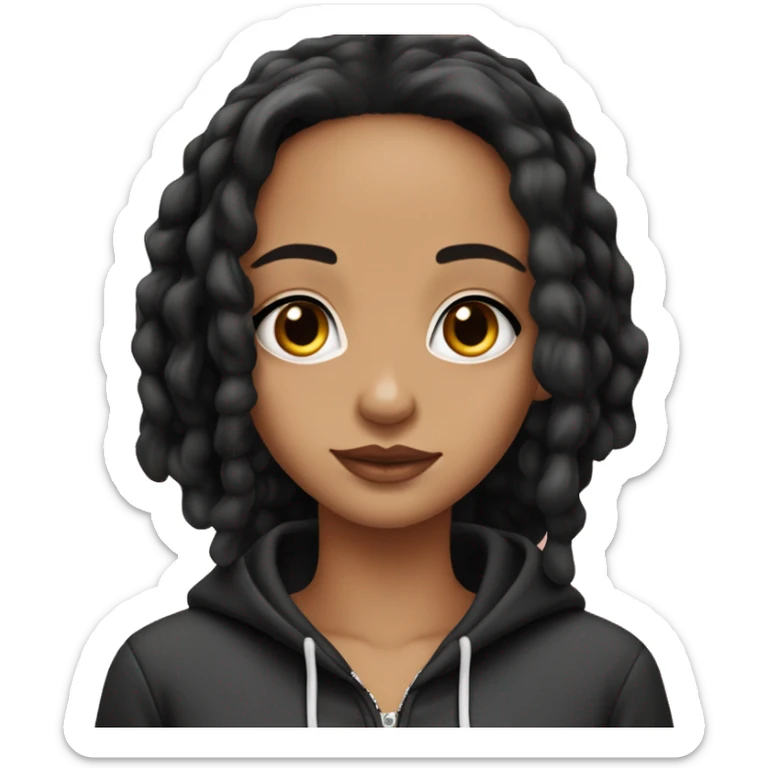light skin girl with jet black hair wearing a hoodie and y2k earrings and necklace  sticker