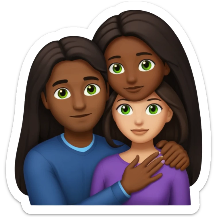 black man with brown eyes and woman with long dark hair, green eyes, and light skin embracing, emoji style sticker