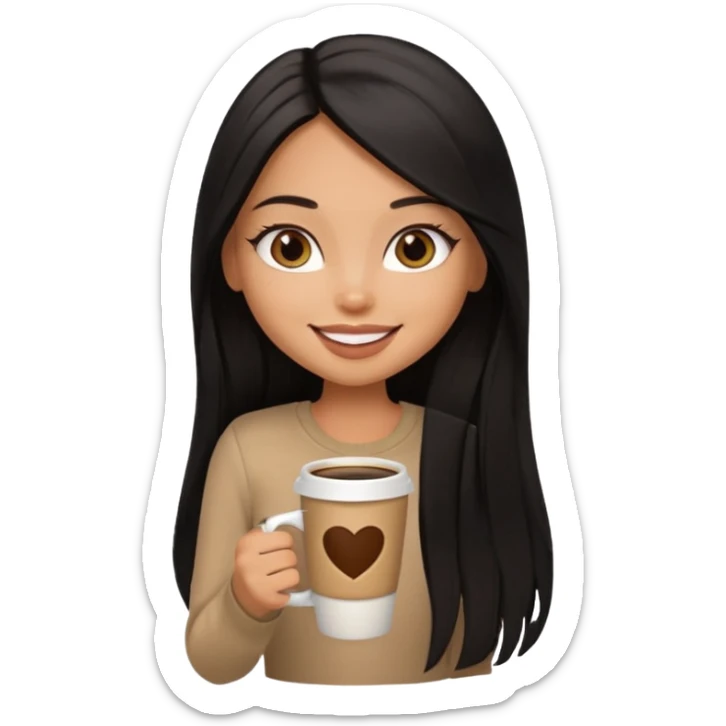 a pretty tan bratz girl with black long straight hair smiling and drinking coffee sticker