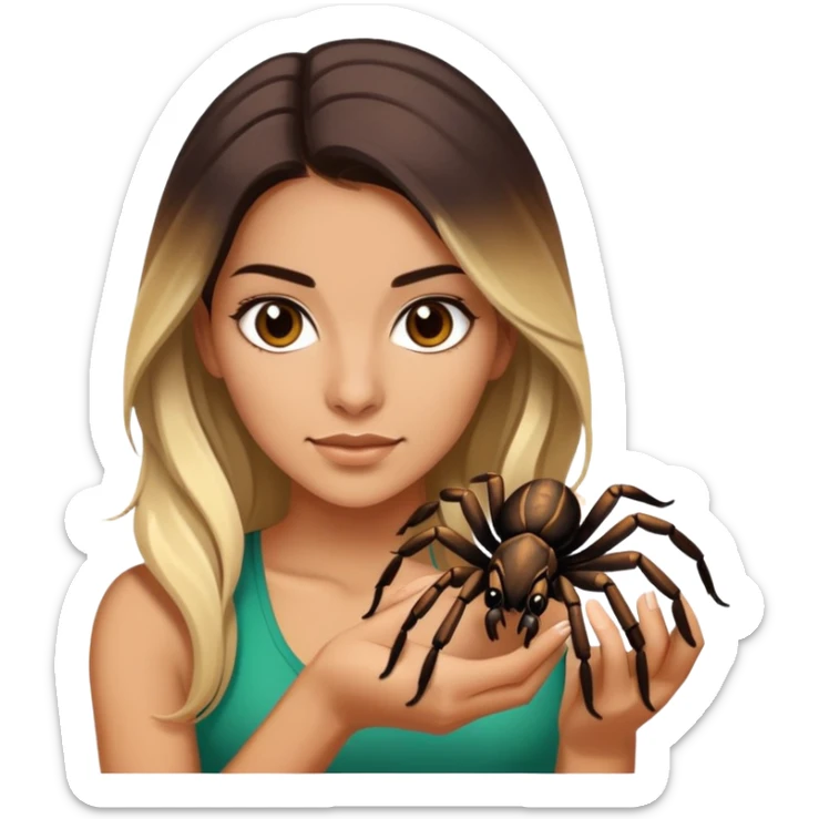 Attractive and athletic Mexican woman in her 20s with long dark brown hair with blonde highlights, with a tarantula sticker