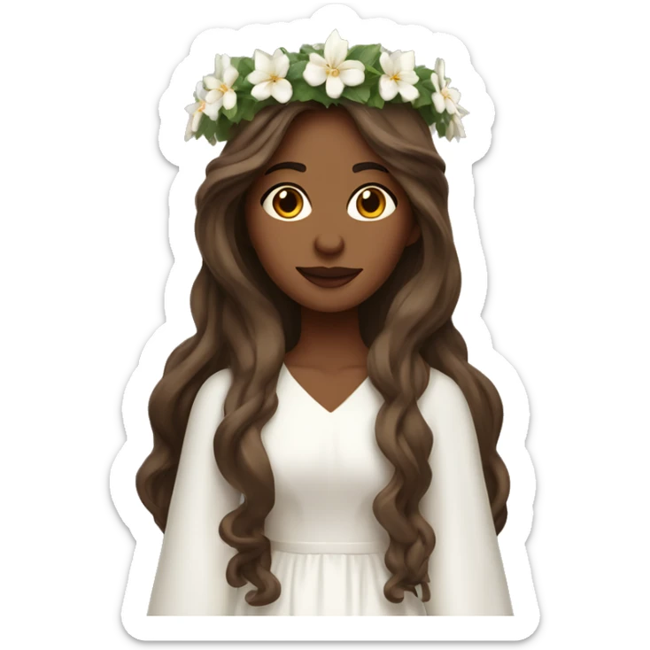 brown long haired women with white gown and spur wreath the head with white candles on top of it sticker