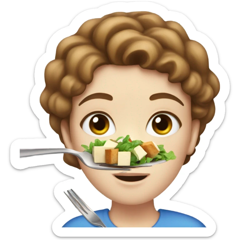 White girl with freackles Brown hair blue eyes eating Tofu salad with fork sticker