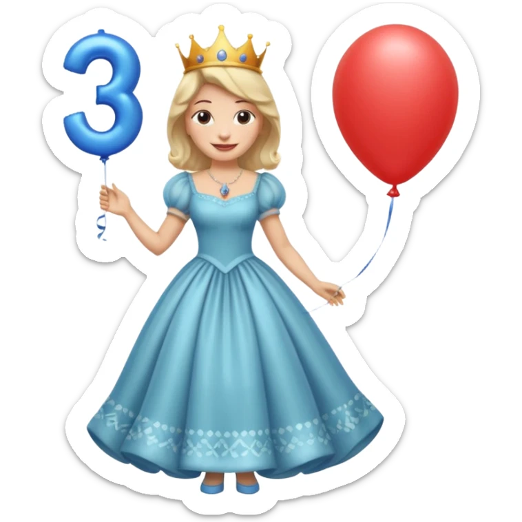 queen wearing dress, holding balloon in shape of number 3 sticker