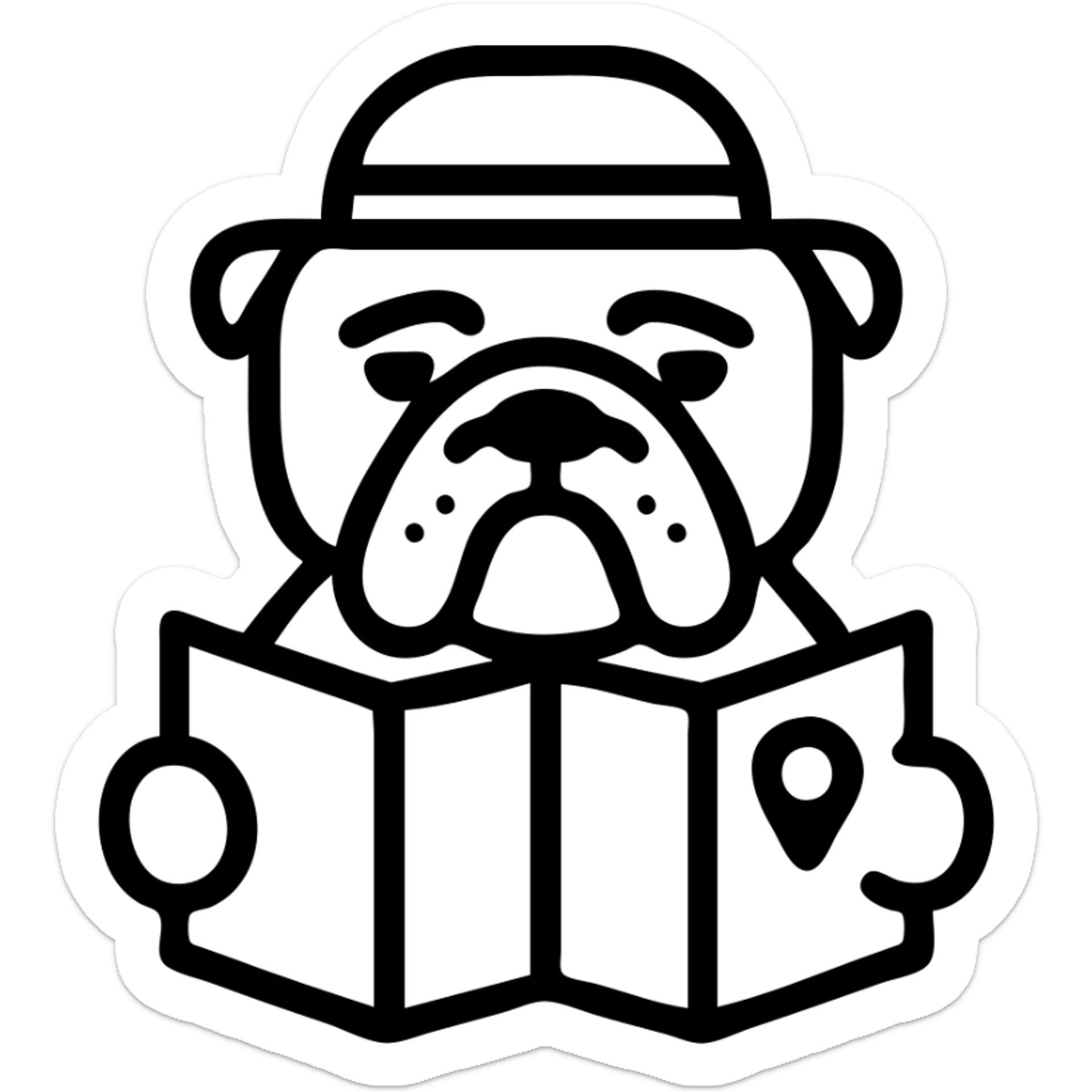 english bulldog as a tour guide, simple and clear icon style, wearing a hat and holding a map sticker