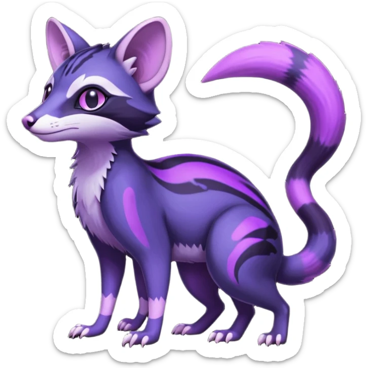 Obsidian-onyx-black and glowing neon-purple, shiny blind eyes, magical fantasy-Genet-Sentret-Marsupial-Possum-Vernid-Sergal-Fakémon-hybrid, by LiLaiRa-griffsnuff, full body sticker