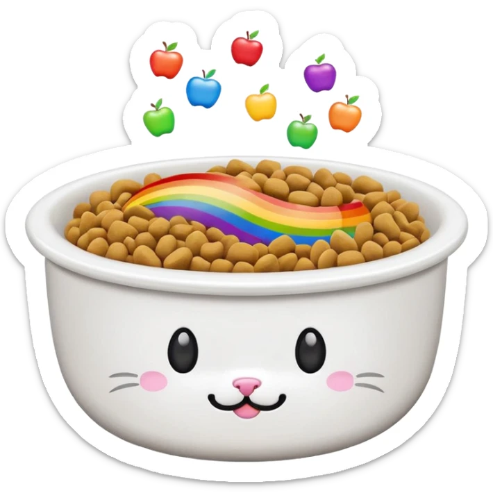 adorable cat food bowl overflowing with food, white kibble and colorful rainbow bits, apple emoji style sticker