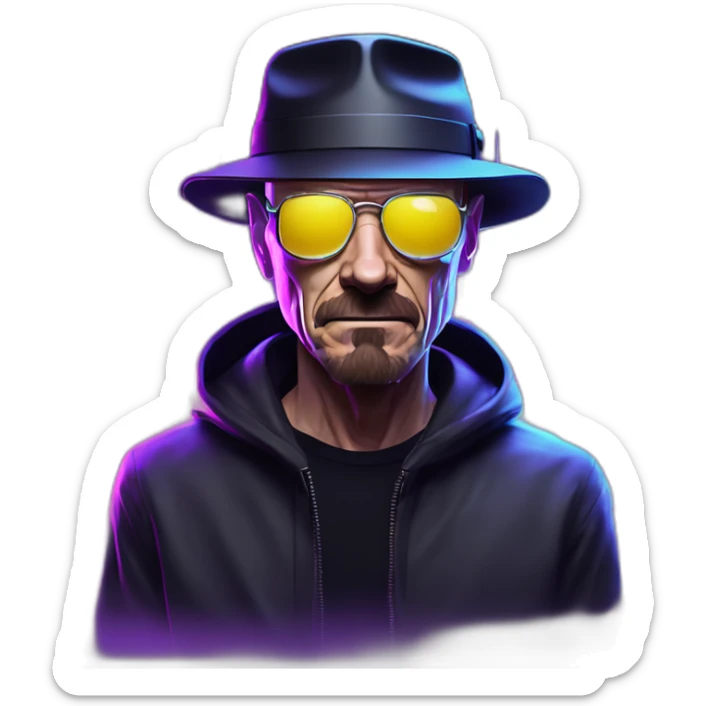 Walter White wearing a black hoodie with "OMG" letters on it and VR headset in a cyberpunk VR environment with violet neon lighting. sticker