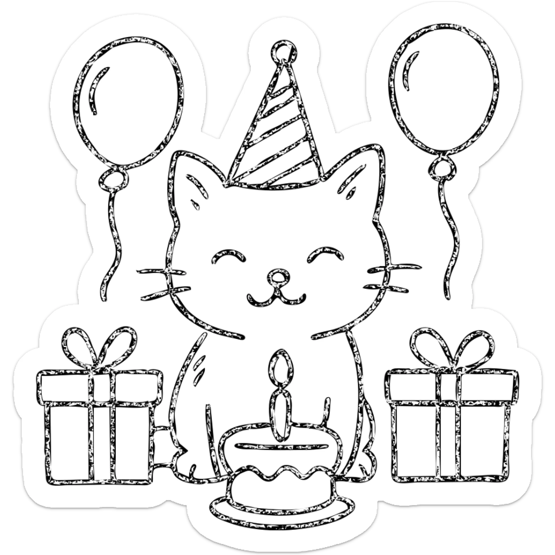 outlined icon of a kitten with a birthday hat, surrounded by balloons and presents, smiling, with a birthday cake sticker