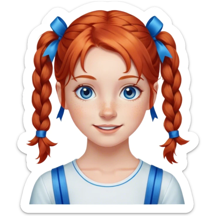 A cheerful, young red-haired girl with bright blue eyes and freckles, styled in two playful pigtails tied with blue ribbons. sticker